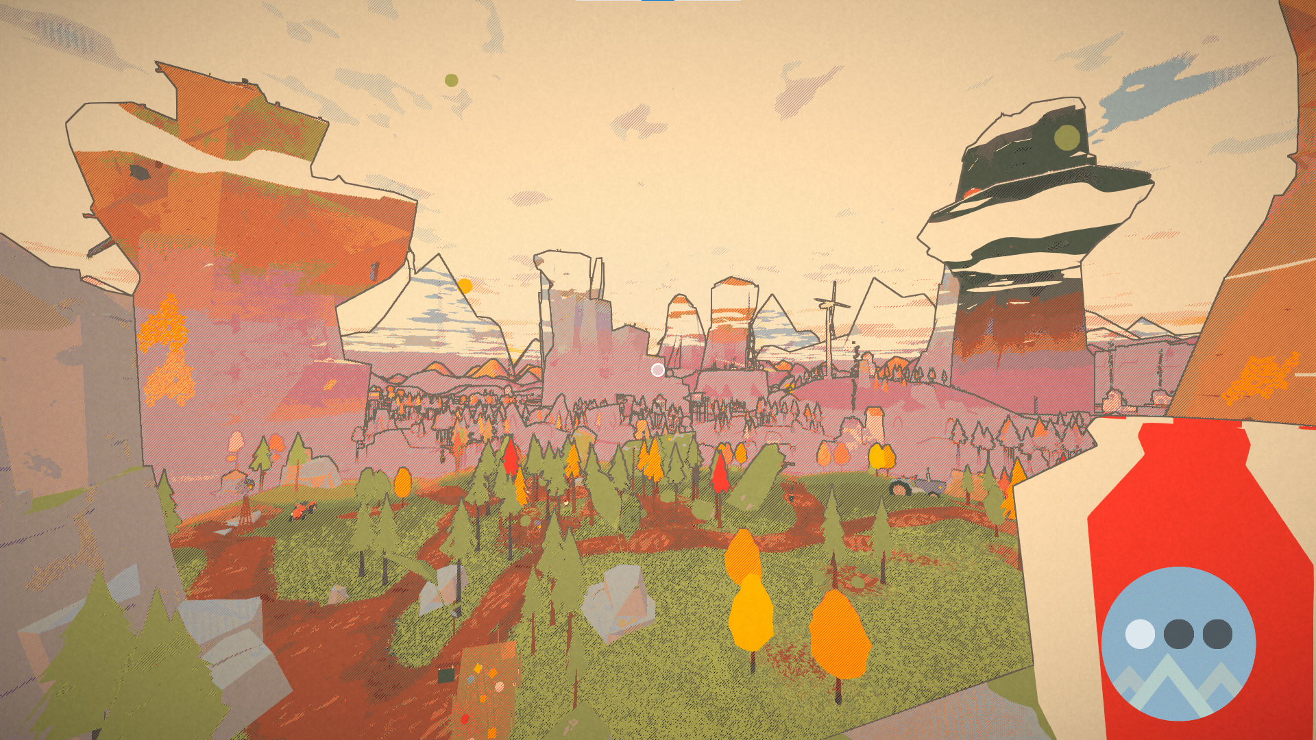 Valley Peaks screenshot - a beautiful vista from atop a mountain in this very stylized game