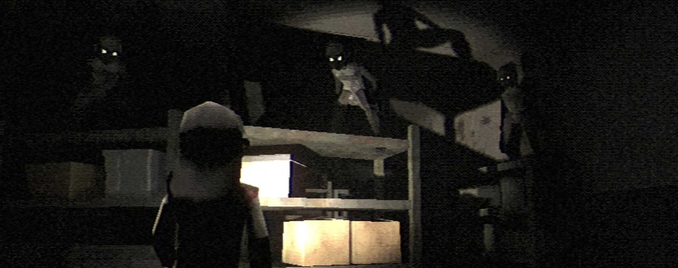 Screenshot from the game Fear the Spotlight where main character Vivian is looking up at shadow figures staring at her from tall shelves