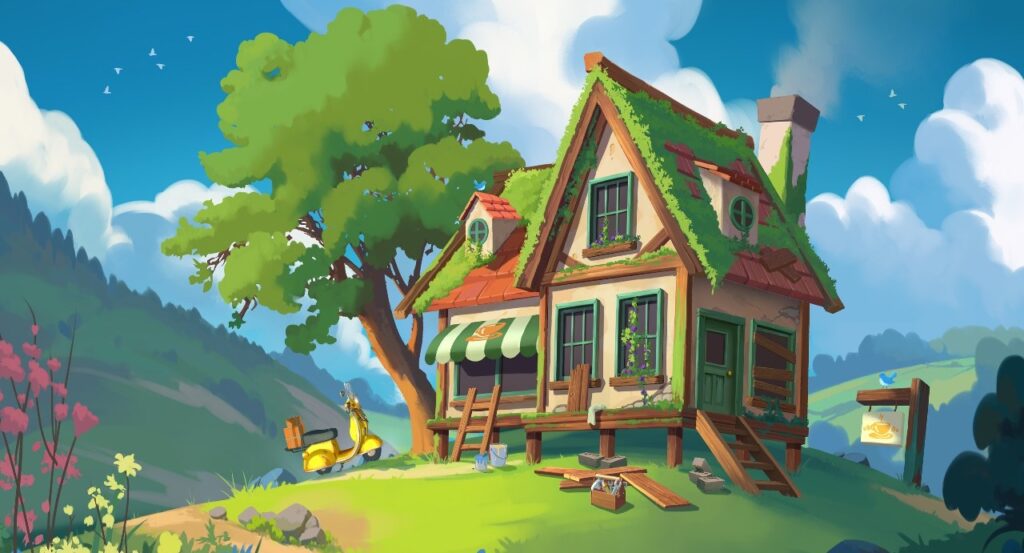 No Small Games - Critter Café Review - Splash Screen from the game Critter Café of a slightly run down, but cute, coffee shop on a hill