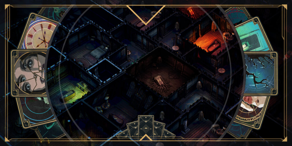 Deck of Haunts key art, featuring a top down view of a creepy, haunted-looking house, with cards framing the edges, depicting sinister scenarios