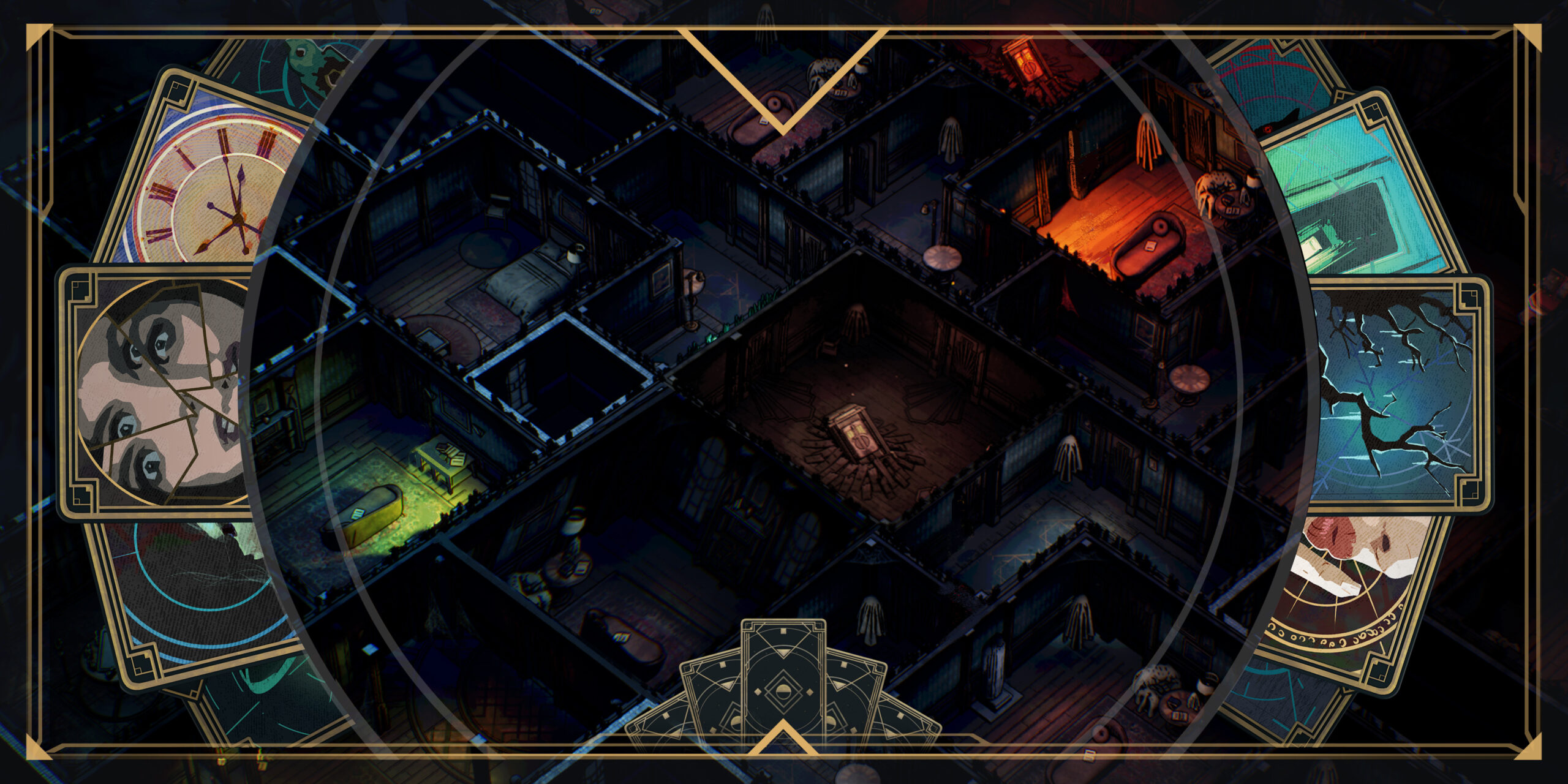 Deck of Haunts key art, featuring a top down view of a creepy, haunted-looking house, with cards framing the edges, depicting sinister scenarios