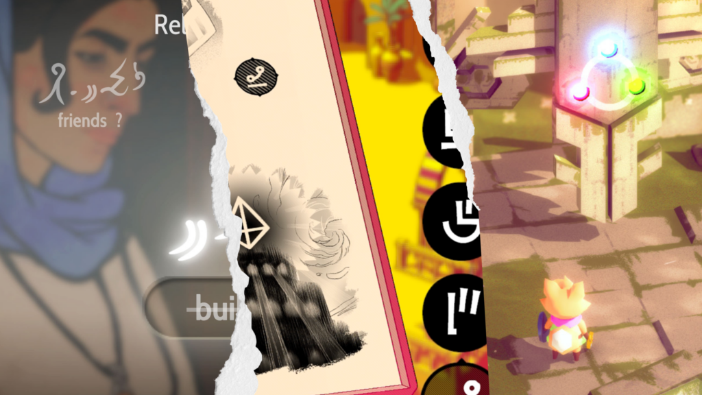 Collage of screenshots from three notable games that feature translation of languages as a core or impactful mechanic: Heaven's Vault, Chants of Sennaar and Tunic