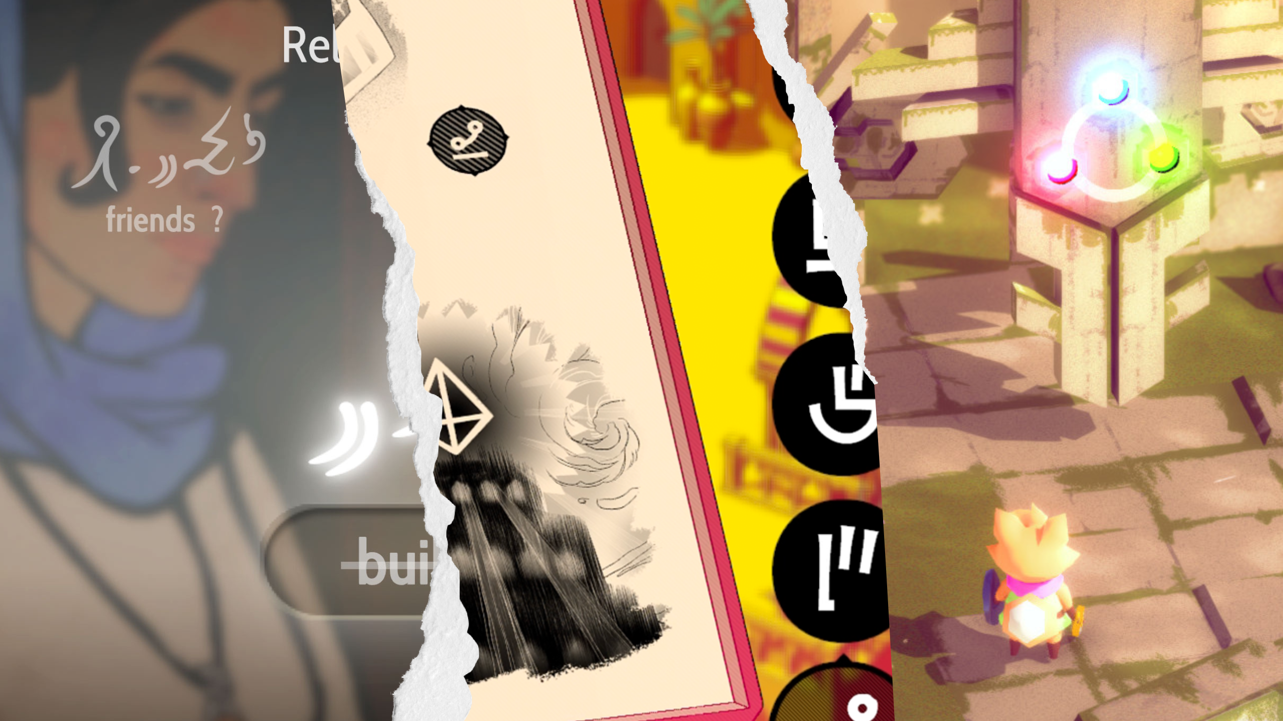 Collage of screenshots from three notable games that feature translation of languages as a core or impactful mechanic: Heaven's Vault, Chants of Sennaar and Tunic